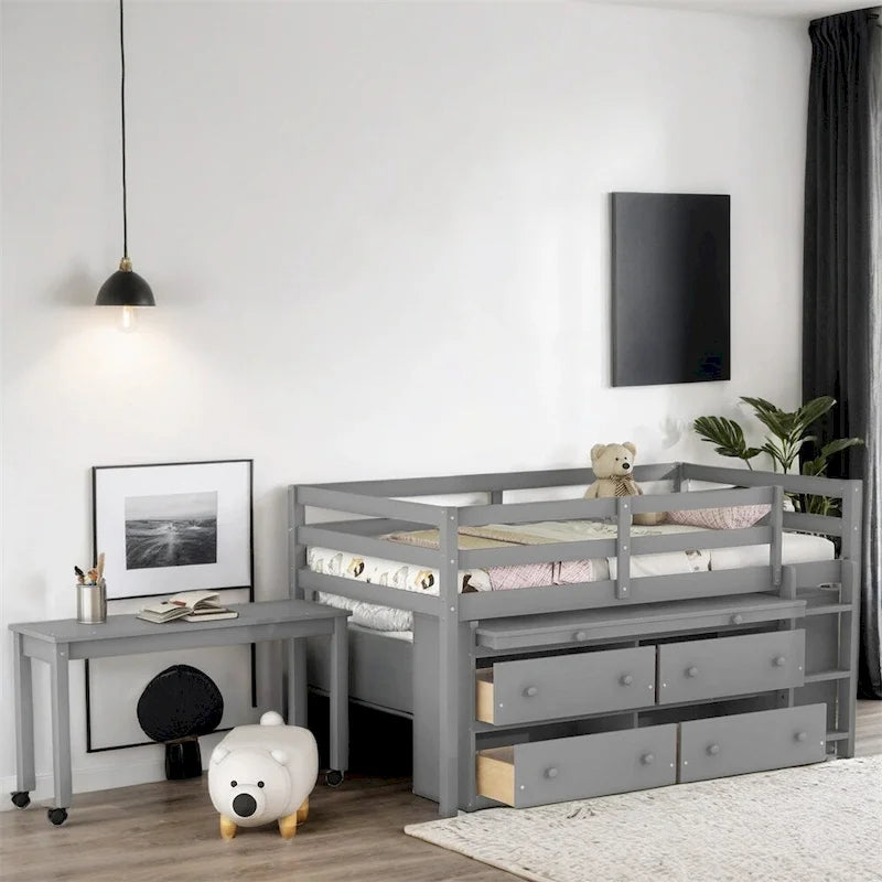 Lit mezzanine en bois, taille double, avec bureau escamotable et 4 tiroirs