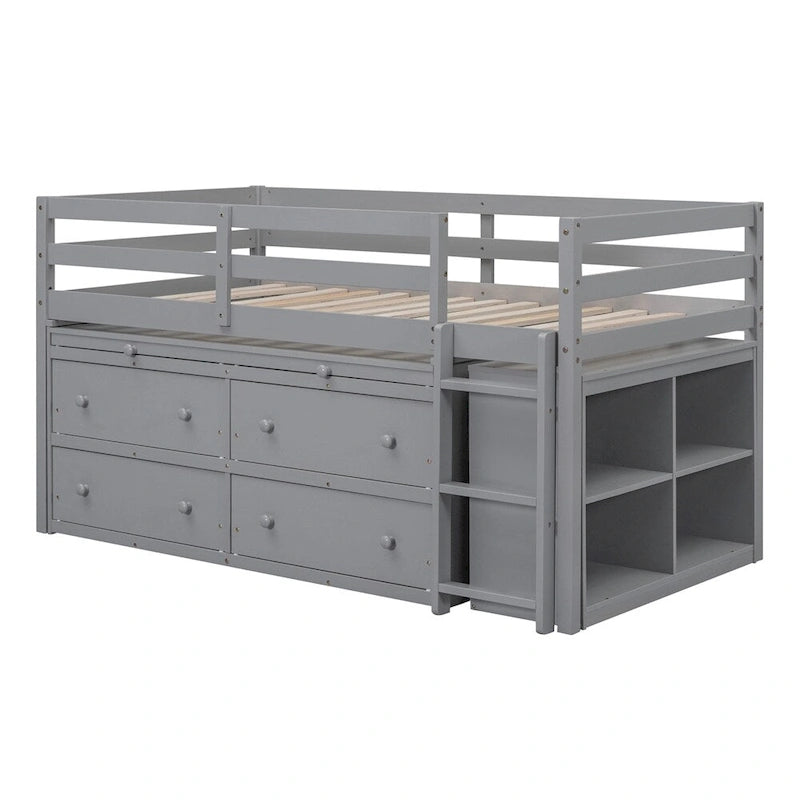 Lit mezzanine en bois, taille double, avec bureau escamotable et 4 tiroirs