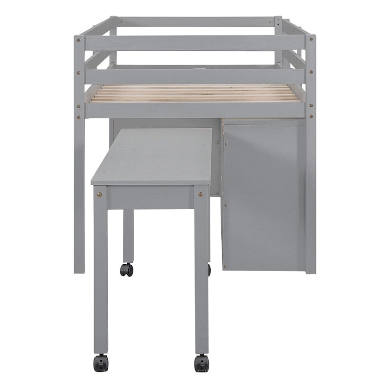 Lit mezzanine en bois, taille double, avec bureau escamotable et 4 tiroirs
