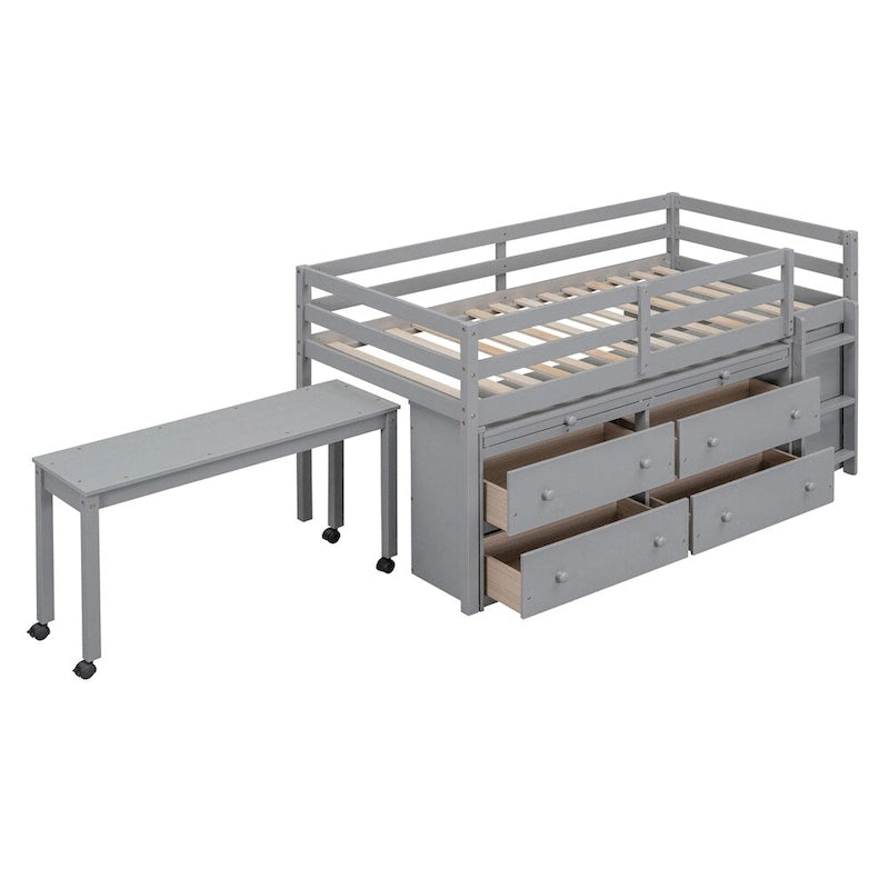 Lit mezzanine en bois, taille double, avec bureau escamotable et 4 tiroirs