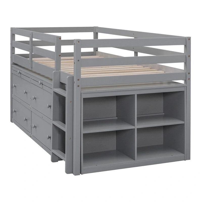 Lit mezzanine en bois, taille double, avec bureau escamotable et 4 tiroirs