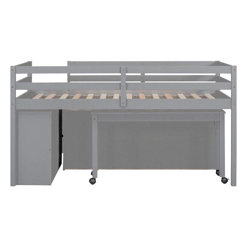 Lit mezzanine en bois, taille double, avec bureau escamotable et 4 tiroirs