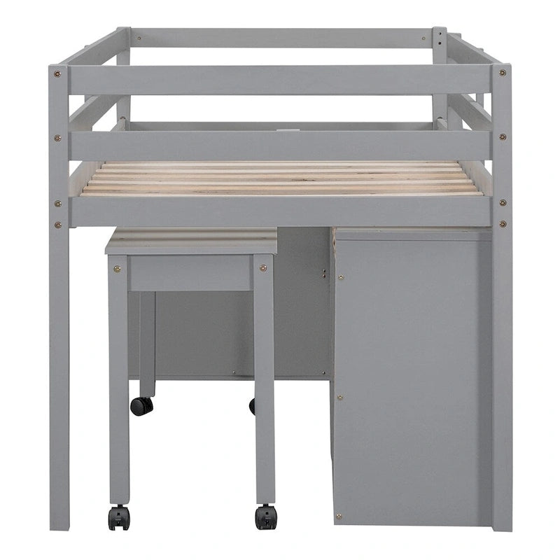 Lit mezzanine en bois, taille double, avec bureau escamotable et 4 tiroirs