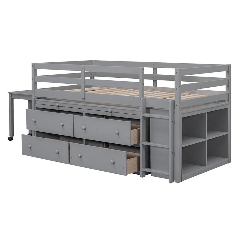 Lit mezzanine en bois, taille double, avec bureau escamotable et 4 tiroirs