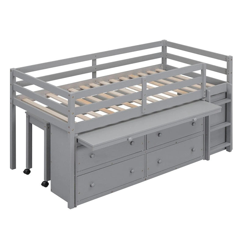 Lit mezzanine en bois, taille double, avec bureau escamotable et 4 tiroirs