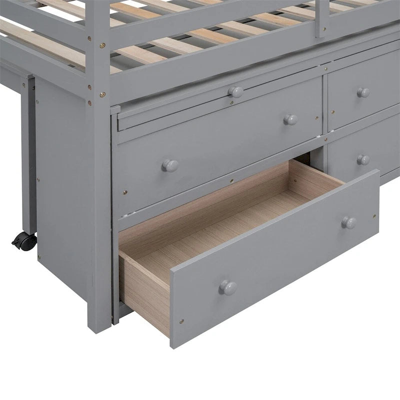 Lit mezzanine en bois, taille double, avec bureau escamotable et 4 tiroirs