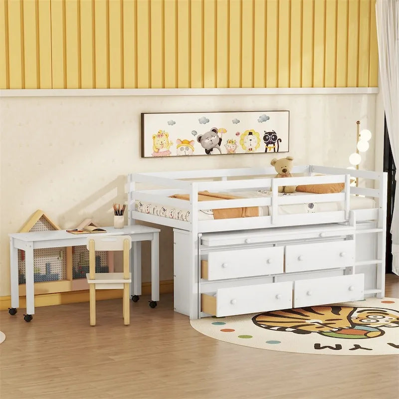 Lit mezzanine en bois, taille double, avec bureau escamotable et 4 tiroirs