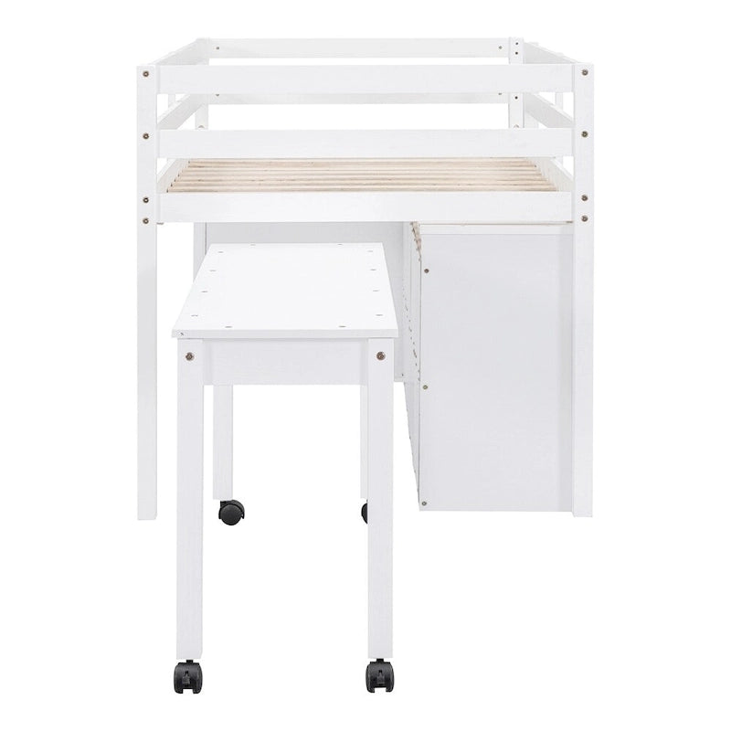 Lit mezzanine en bois, taille double, avec bureau escamotable et 4 tiroirs