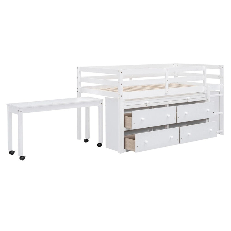 Lit mezzanine en bois, taille double, avec bureau escamotable et 4 tiroirs