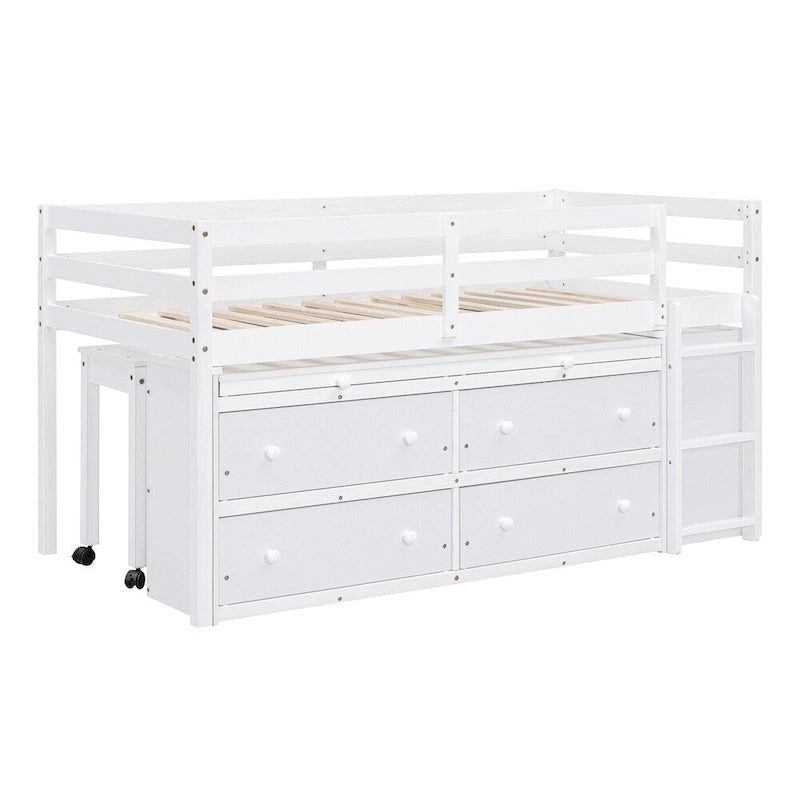 Lit mezzanine en bois, taille double, avec bureau escamotable et 4 tiroirs