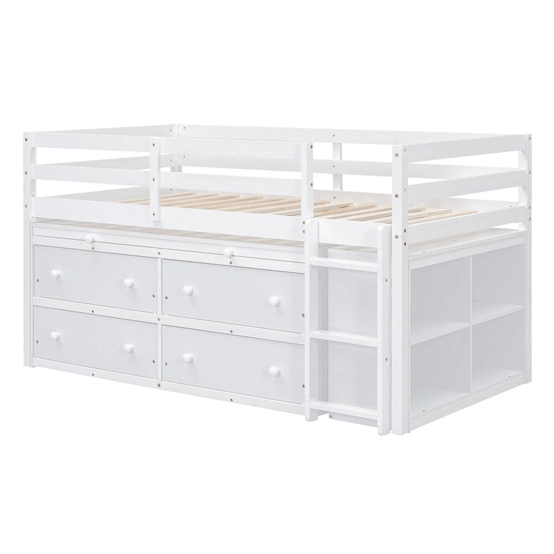 Lit mezzanine en bois, taille double, avec bureau escamotable et 4 tiroirs