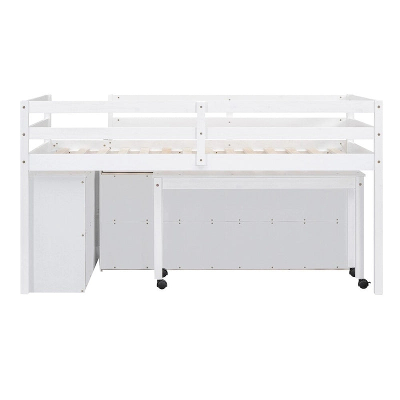 Lit mezzanine en bois, taille double, avec bureau escamotable et 4 tiroirs