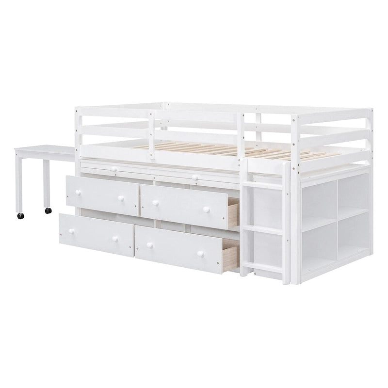 Lit mezzanine en bois, taille double, avec bureau escamotable et 4 tiroirs