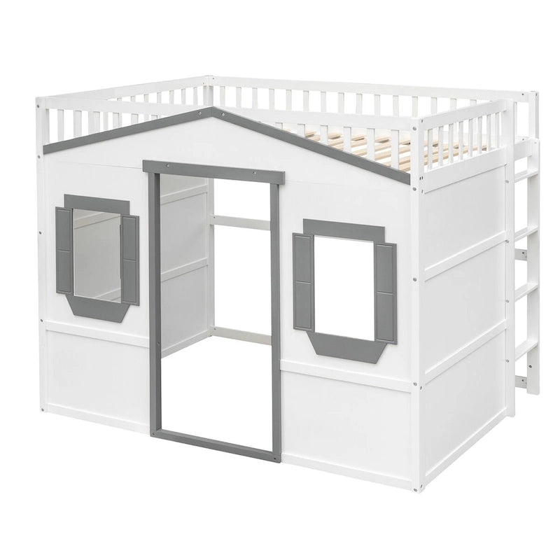 Solid Wood Full Size House Loft Bed with Ladder and Underbed Gaming Space