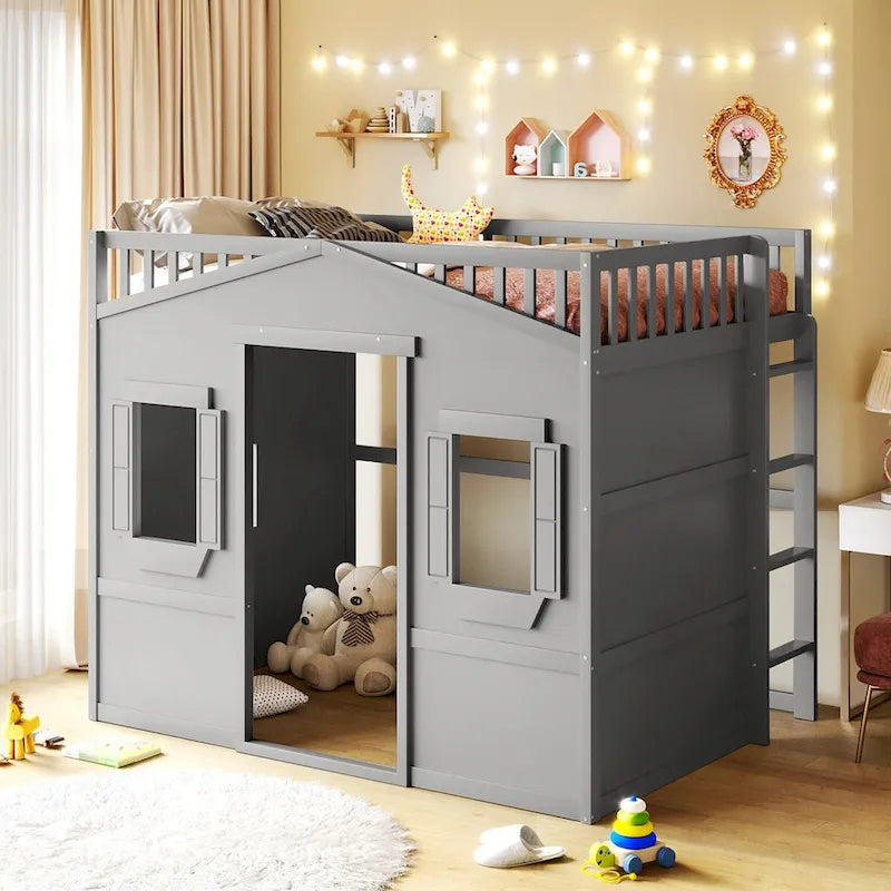 Lit cabane mezzanine en bois massif avec échelle et espace de jeu sous le lit
