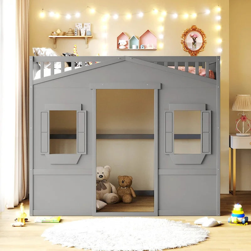 Lit cabane mezzanine en bois massif avec échelle et espace de jeu sous le lit