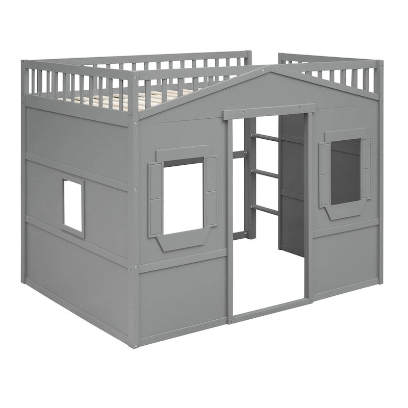Lit cabane mezzanine en bois massif avec échelle et espace de jeu sous le lit