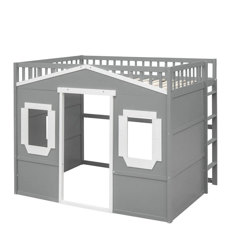 Lit cabane mezzanine en bois massif avec échelle et espace de jeu sous le lit