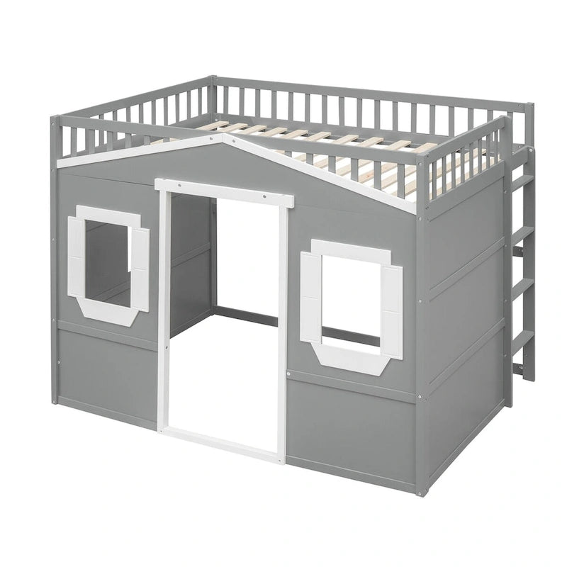 Lit cabane mezzanine en bois massif avec échelle et espace de jeu sous le lit