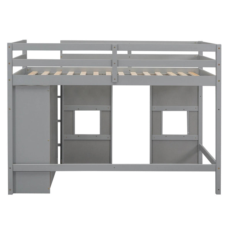 Lit mezzanine double en bois avec armoire de rangement intégrée et 2 fenêtres