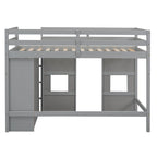 Lit mezzanine double en bois avec armoire de rangement intégrée et 2 fenêtres