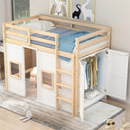 Lit mezzanine double en bois avec armoire de rangement intégrée et 2 fenêtres
