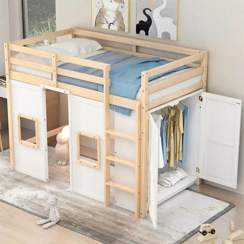Lit mezzanine double en bois avec armoire de rangement intégrée et 2 fenêtres