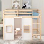 Lit mezzanine double en bois avec armoire de rangement intégrée et 2 fenêtres