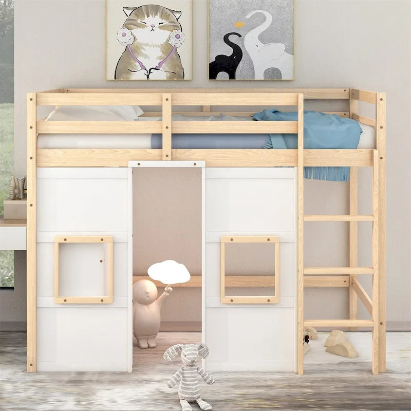 Lit mezzanine double en bois avec armoire de rangement intégrée et 2 fenêtres