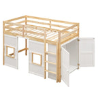 Lit mezzanine double en bois avec armoire de rangement intégrée et 2 fenêtres