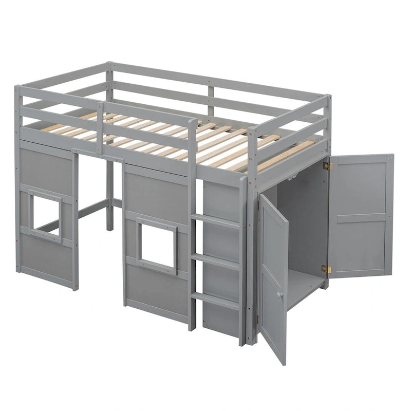 Lit mezzanine double en bois avec armoire de rangement intégrée et 2 fenêtres