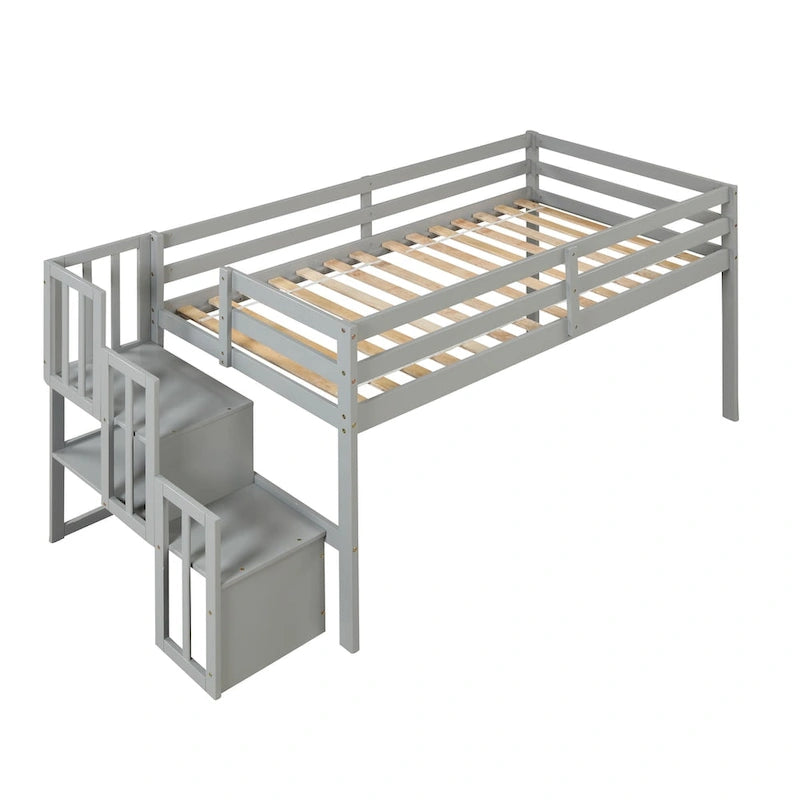 Lit mezzanine simple en bois massif avec escalier et rangements