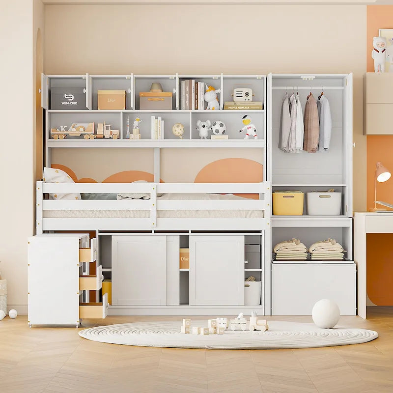 Lit mezzanine en bois grand rangement avec bureau, tiroirs et étagères sous le lit