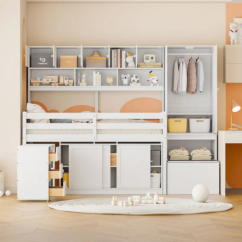 Lit mezzanine en bois grand rangement avec bureau, tiroirs et étagères sous le lit