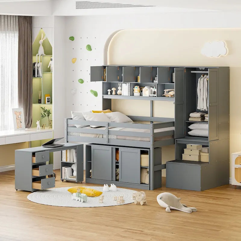 Lit mezzanine en bois grand rangement avec bureau, tiroirs et étagères sous le lit