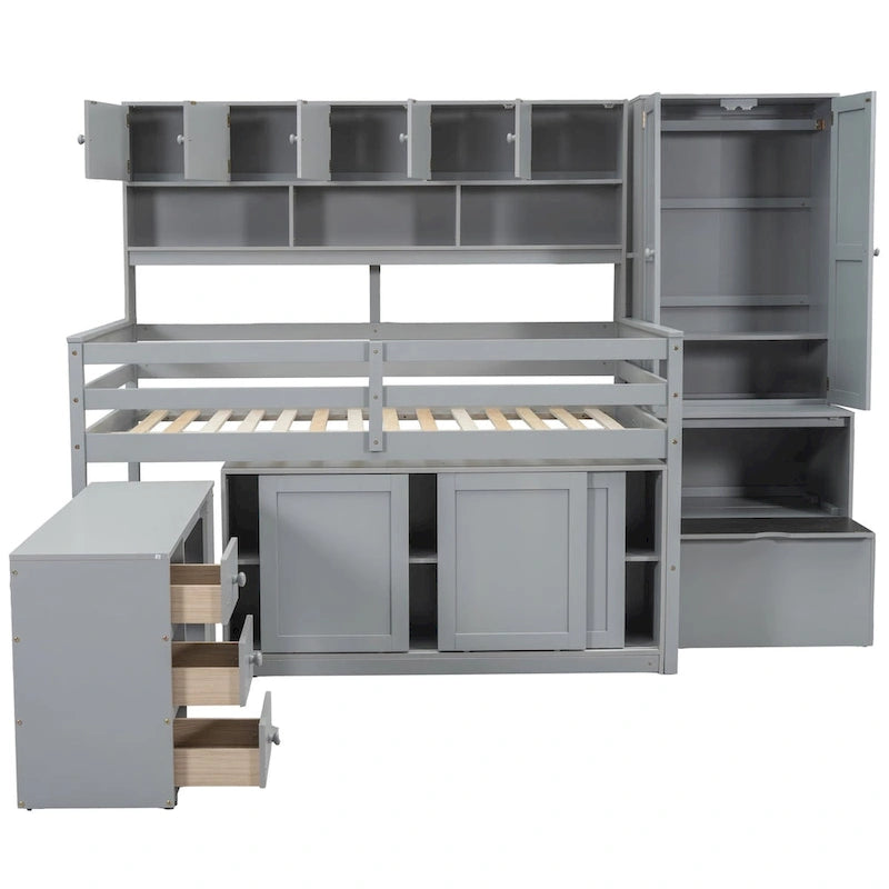 Lit mezzanine en bois grand rangement avec bureau, tiroirs et étagères sous le lit