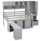 Lit mezzanine en bois grand rangement avec bureau, tiroirs et étagères sous le lit