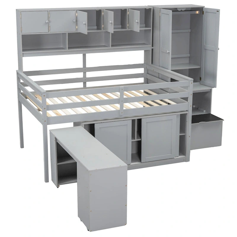 Lit mezzanine en bois grand rangement avec bureau, tiroirs et étagères sous le lit