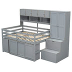 Lit mezzanine en bois grand rangement avec bureau, tiroirs et étagères sous le lit