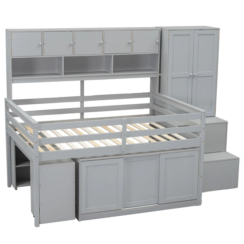 Lit mezzanine en bois grand rangement avec bureau, tiroirs et étagères sous le lit
