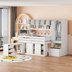 Lit mezzanine en bois grand rangement avec bureau, tiroirs et étagères sous le lit