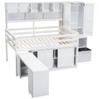 Lit mezzanine en bois grand rangement avec bureau, tiroirs et étagères sous le lit