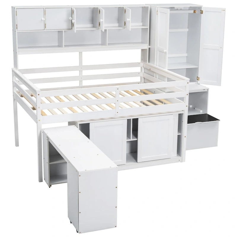 Lit mezzanine en bois grand rangement avec bureau, tiroirs et étagères sous le lit