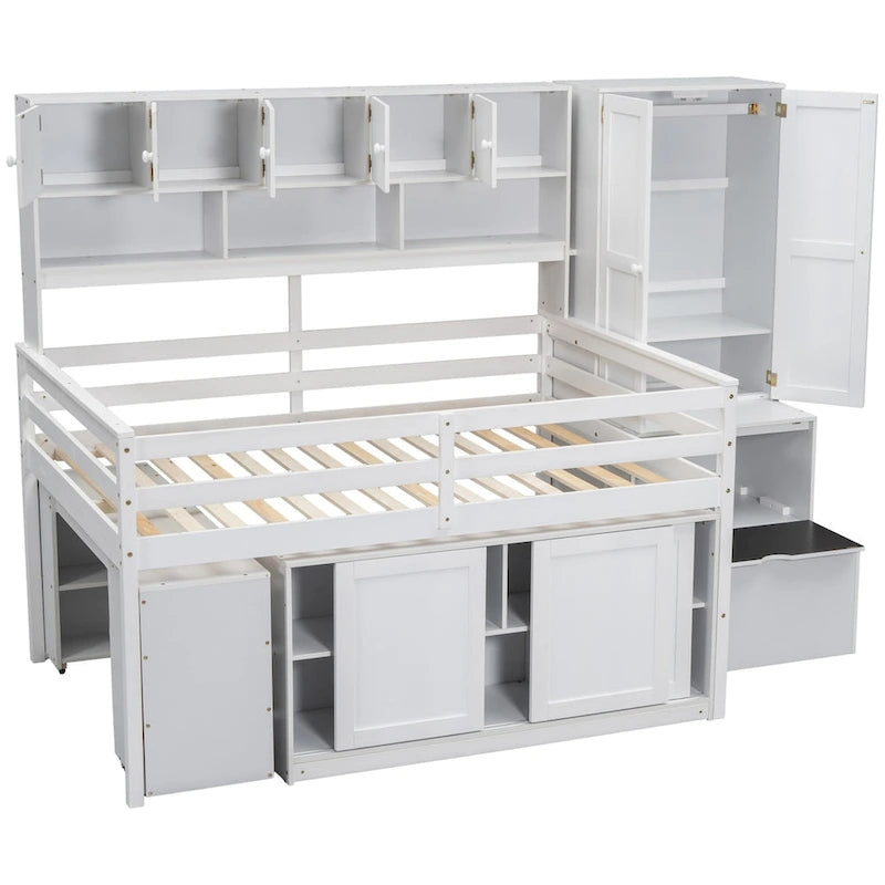 Lit mezzanine en bois grand rangement avec bureau, tiroirs et étagères sous le lit