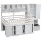 Lit mezzanine en bois grand rangement avec bureau, tiroirs et étagères sous le lit