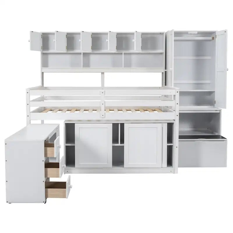 Lit mezzanine en bois grand rangement avec bureau, tiroirs et étagères sous le lit