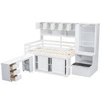 Lit mezzanine en bois grand rangement avec bureau, tiroirs et étagères sous le lit
