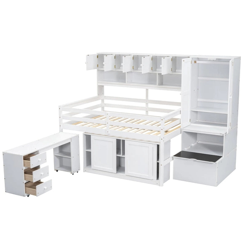 Lit mezzanine en bois grand rangement avec bureau, tiroirs et étagères sous le lit