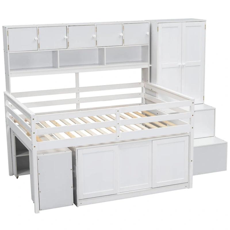 Lit mezzanine en bois grand rangement avec bureau, tiroirs et étagères sous le lit