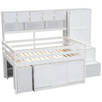 Lit mezzanine en bois grand rangement avec bureau, tiroirs et étagères sous le lit